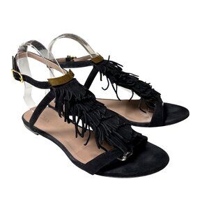Chloe Sandals Size 39‎ / 9 Black Suede Fringe Ankle Straps Flats Gold Accent